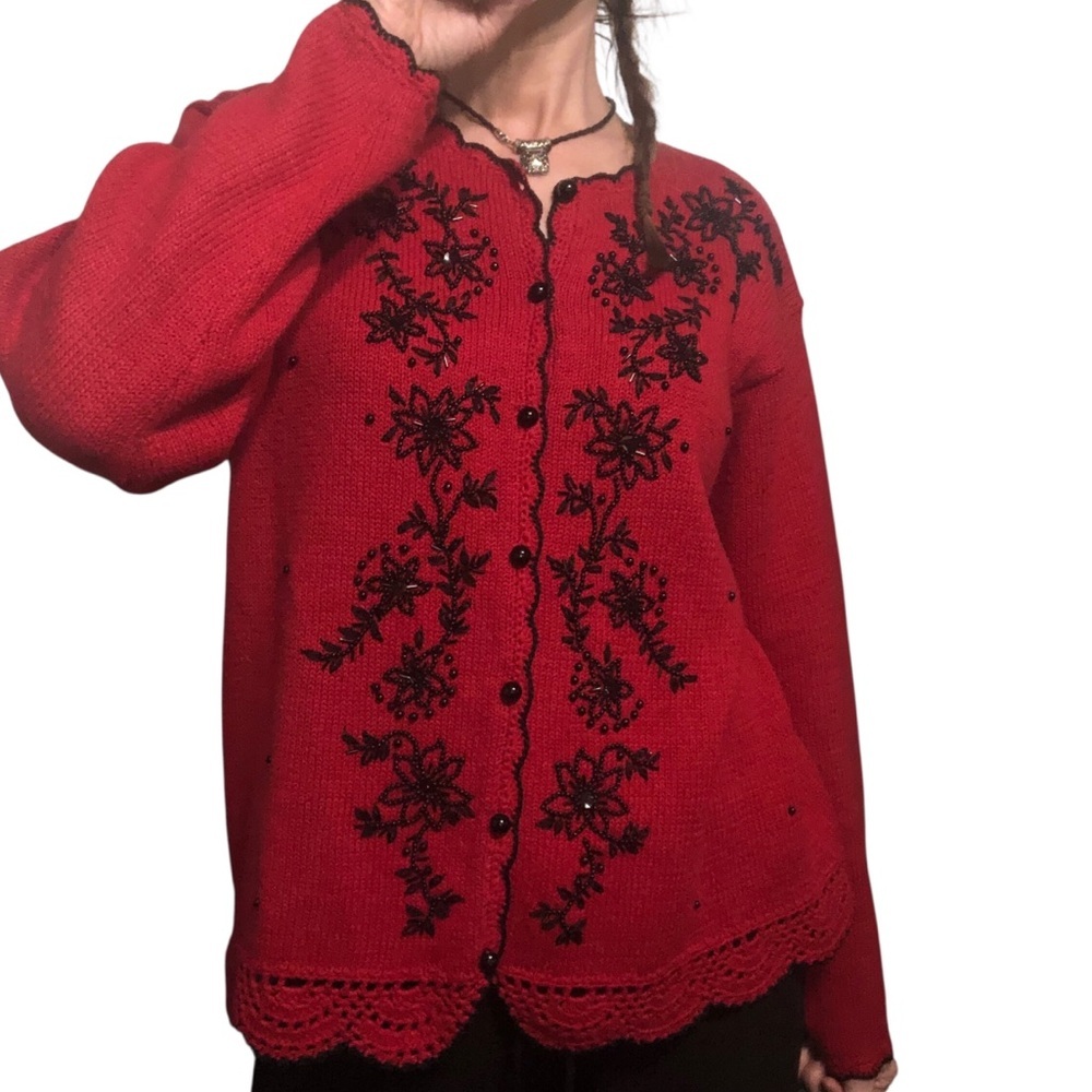 Vtg Carolyn Taylor Beaded Cardigan Sz M Ramie Cotton Red Classic Retro 90's